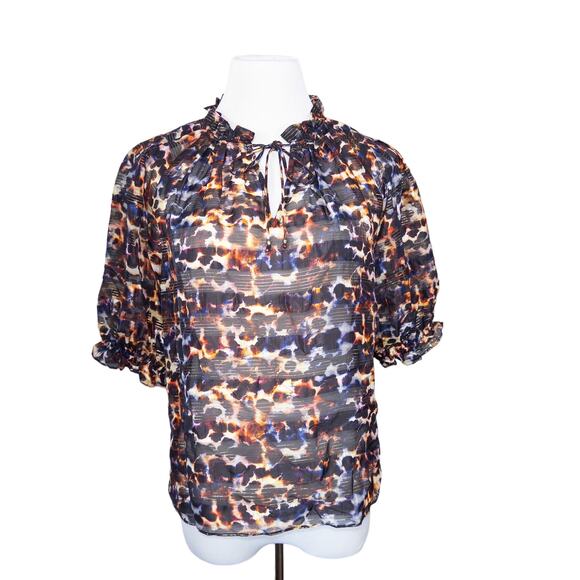 MARIE OLIVER Animal Print Metallic Stripe Short Sleeve Blouse Black Orange Small